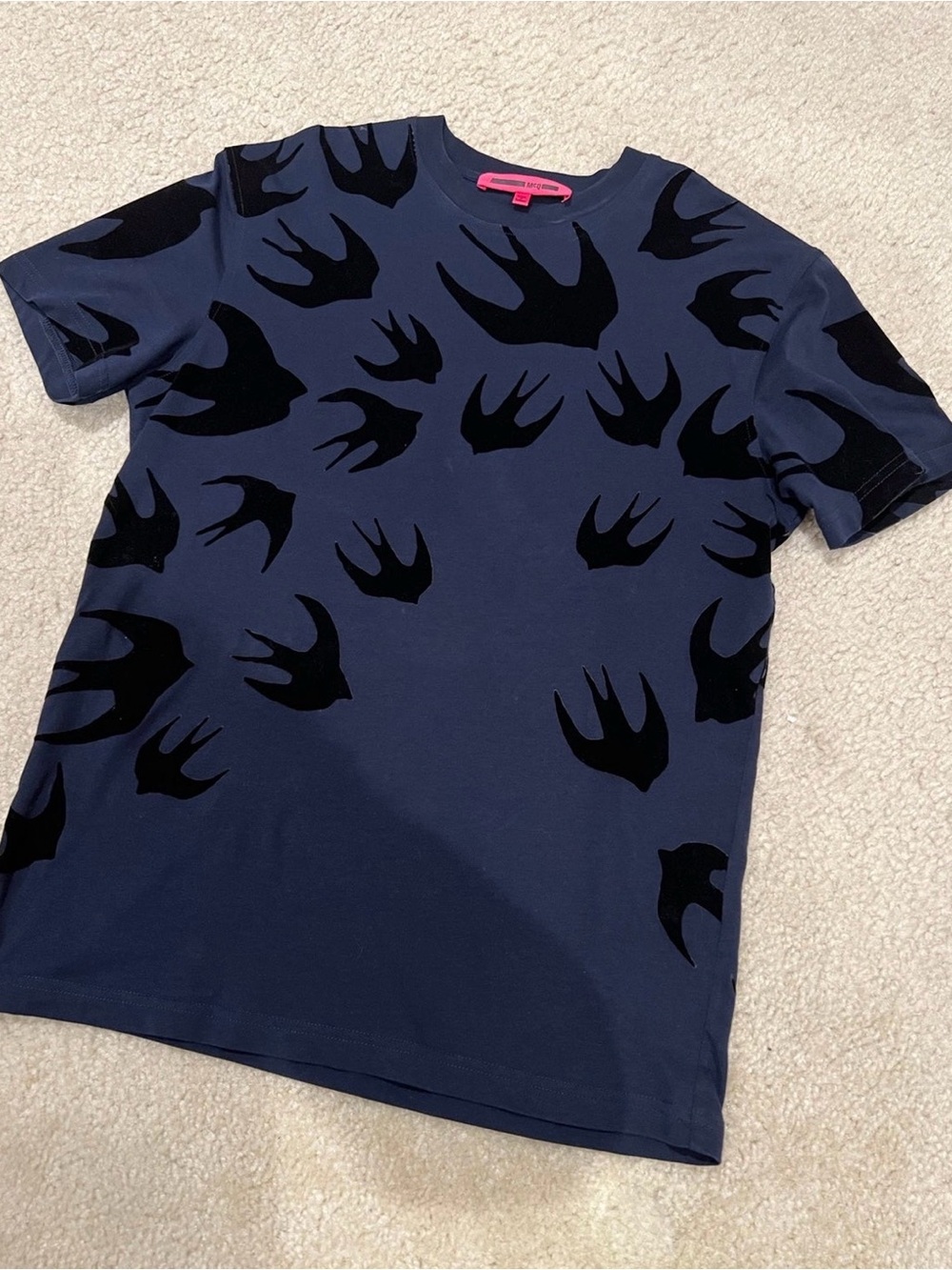 Alexander McQueen Navy Tee with Black Swallow Print